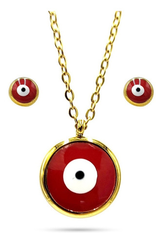 Set Joyeria Acero Inoxidable Dorado Ojo Turco Rojo Eg