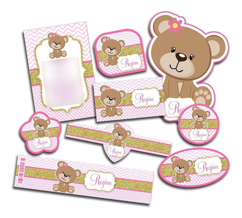 2x1 Kit Imprimible Baby Osita, Baby Shower Rosa/dorado