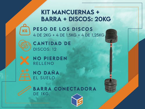 Kit Mancuernas Y Barra 20 Kg Con Tope A Rosca Discos Pvc