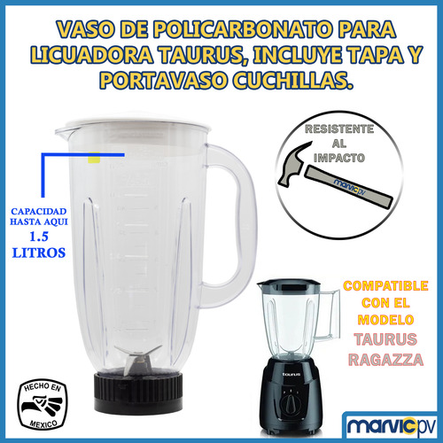 Vaso Completo Para Licuadora Compatible Con Taurus Ragazza