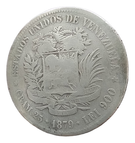Antigua Moneda De Plata 5 Bolívares Venezuela 1879 Y# 24.1