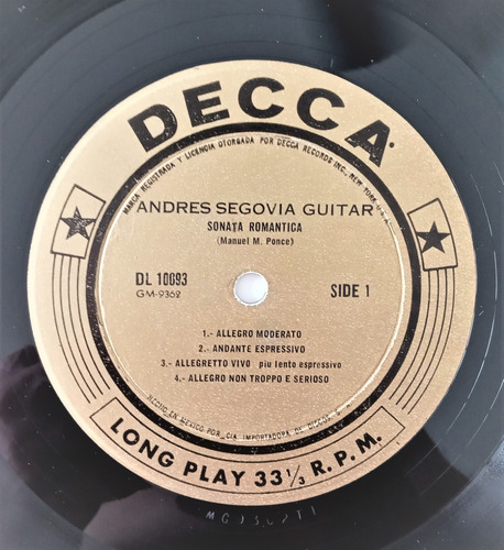 Andres Segovia Lp Sonata Romantica Y El Platero Y Yo (Usado)