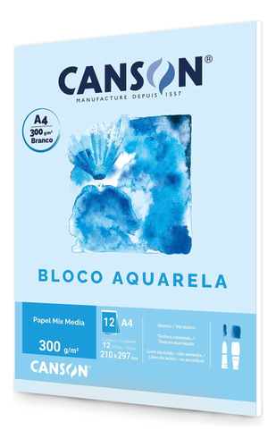 Bloco Papel Canson Aquarela A4 300g Mix Media 12 Fls C/nota