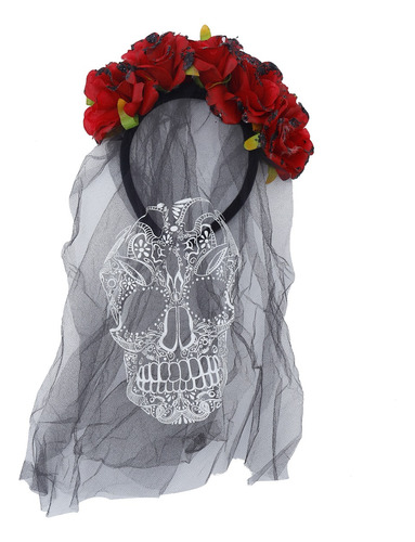 Vincha Con Velo Y Flores Rojas Muerte Catrina Halloween