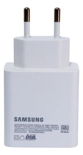 Carregador Samsung Ep-ta865 De 65w Gh44-03166a + Gh39-02089a Tipo - C De Parede Com Cabo Carregamento Super Rápida Branco