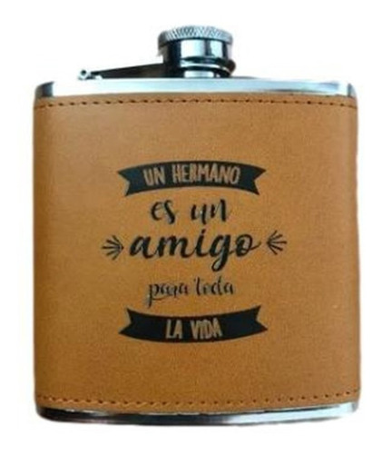 Licorera Ánfora 6oz Acero Inoxidable, Negra Y Vinipiel Café
