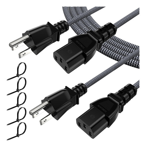 10ft Computer Cord (2 Pack), 3 Prong Nylon Braided   Ca...