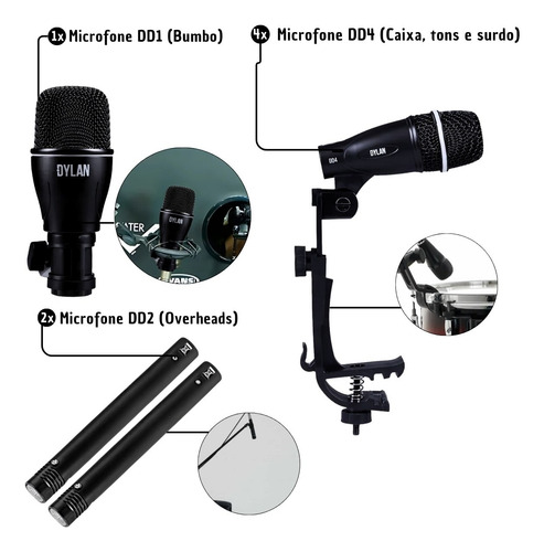 Kit De Microfone Para Bateria 7 Peças Dylan Dd-7 + Hard Case