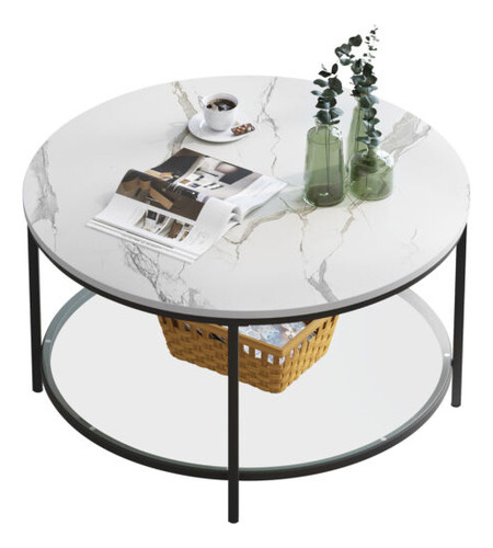 2-tier Round Coffee Table Marble Center Cocktail Table W Eem