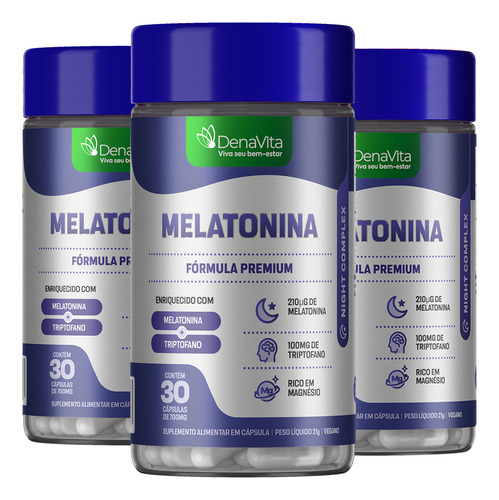 Kit 3x Melatonina L-triptofano Magnésio 90 Cápsulas Denavita