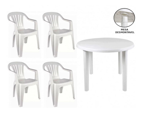 Imagem 1 de 9 de Kit Mesa Plástica Desmontável 90cm + 4 Cadeiras Poltrona