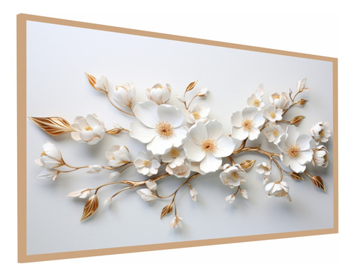 Quadro Decorativo Flores Brancas Dourada Grande Com Moldura