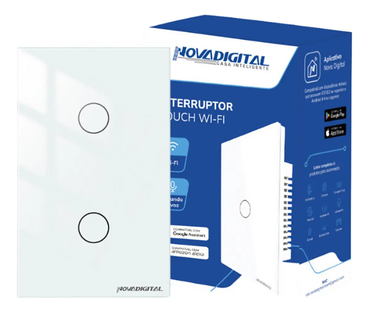 Interruptor Inteligente Wifi Novadigital 2 Teclas Botões Touch Tuya Smart Life Alexa Google 110V 220V Bivolt Branco LITE-WS2-W