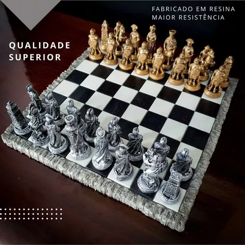 Jogo De Xadrez + Tabuleiro Em Resina De Luxo Detalhado