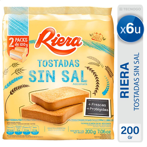 Tostadas Sin Sal Riera Galletitas De Mesa - Pack X6 Paquetes