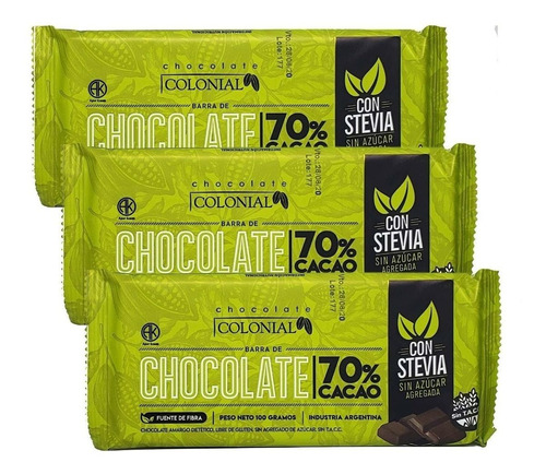 Chocolate %70 Cacao Colonial Stevia - 100 Grs X 3 Unidades