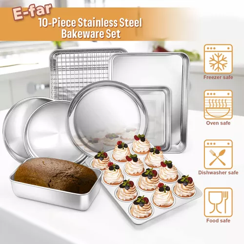 E-far - Juego de bandejas para hornear de acero inoxidable con estante,  bandeja para hornear galletas de 12.4 x 9.7 pulgadas para horno, bandeja de