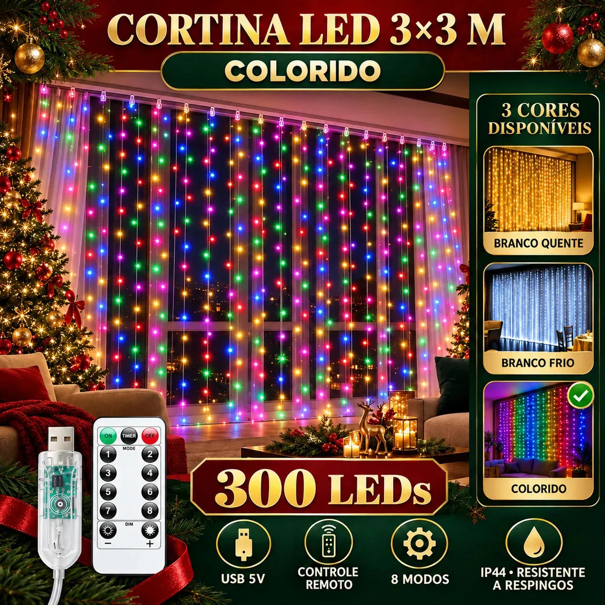 Pisca Cortina 300 Leds 3x3m 8 Modos Iluminação