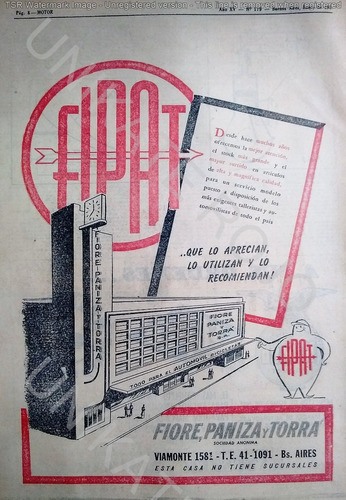 Muy Antigua Publicidad Clipping Casa Matriz Fipat - Año 1951