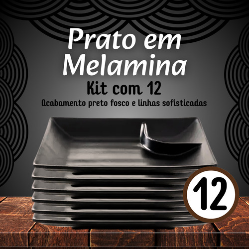 Kit 12 Pratos-retangular De Melamina C/ Molheira Preto Sushi