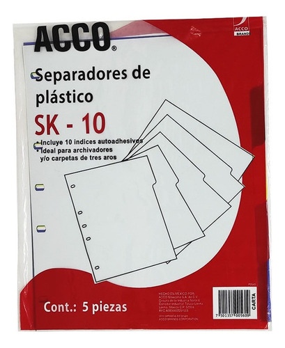 Separador Para Carpeta De Plastico Acco Con 5 Piezas Sk10