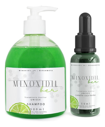 Shampoo 500ml Y Auxiliar Unisex50ml Minoxidil 5% Y Bergamota