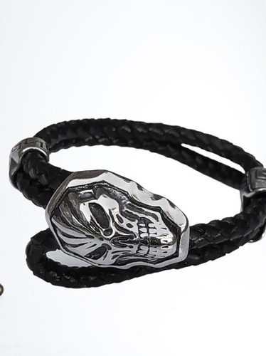 Pulsera Calavera Grande Big Skull Cuero Trenzado Y Acero 