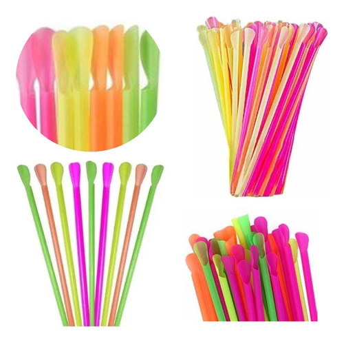 Canudo Colher Mexedor Colorido Strawplast 100 Unidades