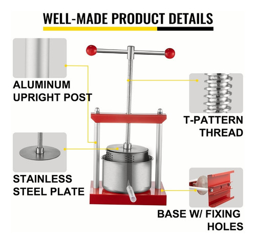 Vevor Prensa Manual Vino Fruta 3l Extractor Exprimidor Jugo