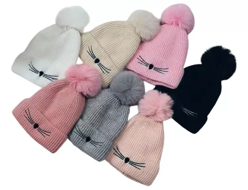 Touca Gorro De Pompom Infantil Criança Frio Fofinha Gatinho - Rosa