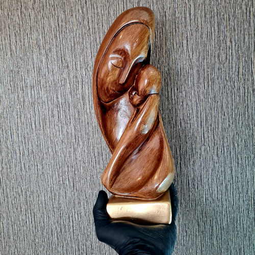 Escultura Mãe Com Filho Abstrata Decoração Premium Grande Cor Marrom Envelhecida