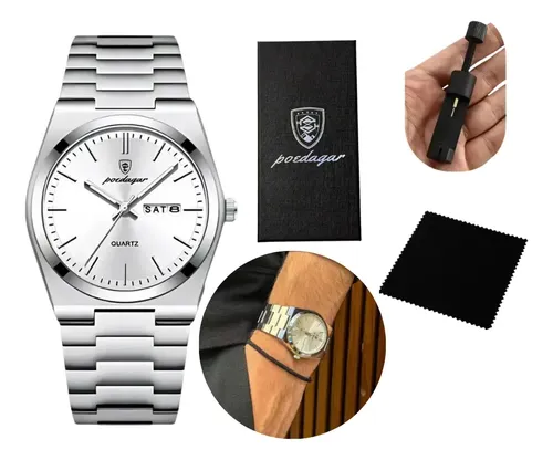 Relógio Poedagar Suiço Masculino Aço Inox Old Money com caixa Prateado Branco