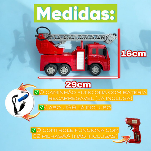 Carrinho Controle Remoto Bombeiro Caminhão Recarregável Luz Cor Vermelho Personagem bombeiro com escada