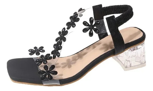 Sandalias De Tacón Alto Con Cabeza Cuadrada Y Flores De Moda