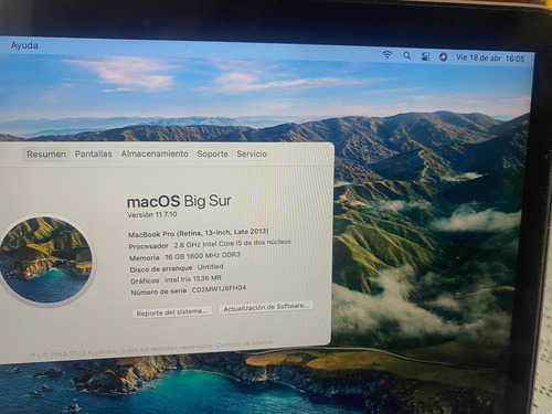 Macbook Pro 13 Mod. A1502, 2013 Retina, 16gb Ram, 512 Ssd Plateado (Usado)