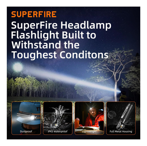 Lámpara De Cabeza Recargable De Lúmenes Superfire 1000, Led