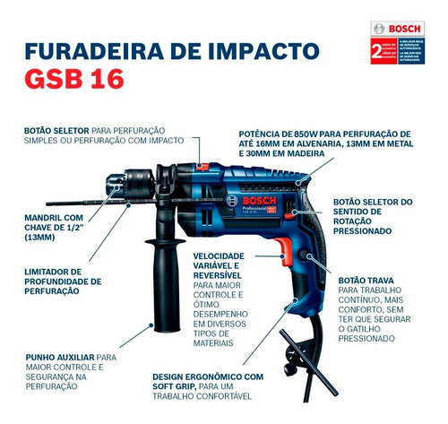 Imagen 2 de 6 de Taladro percutor atornillador eléctrico de 13mm Bosch GSB 16 RE 850W + accesorio con caja de cartón 220V 60hz