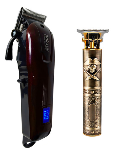 Kit Máquina De Corte Cabelo E Acabamento Sem Fio Barbeiro Cor Vinho 110v/220v