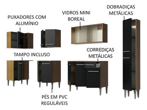 Cozinha Completa D Canto Emilly Space Madesa C Paneleiro Cor Rustic/Preto