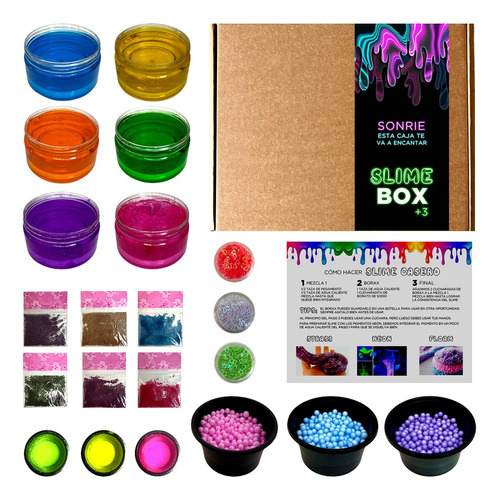 Slime Kit Box 6 Slime + Pigmentos + Strass + Floam + Neón