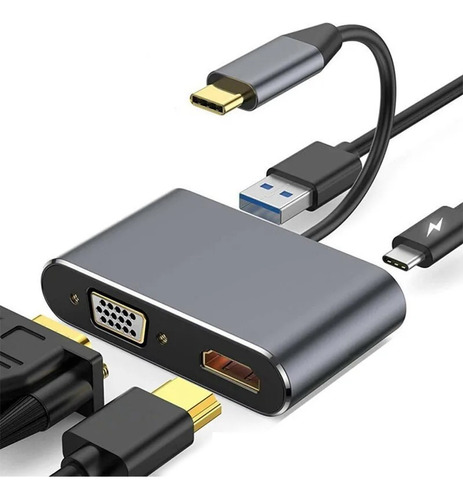 Adaptador 4 En 1 Usb C A Hdmi 4k 30hz Vga Usb 3.0 Pd Carga