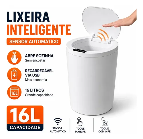 Wpe Variedades Lixeira Inteligente Automática 16L Sensor de Movimento USB Recarre