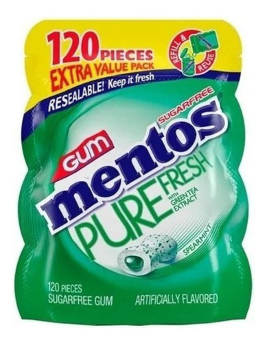 Mentos Pure Fresh Spearmint Sin Azucar Gum 120 Count 