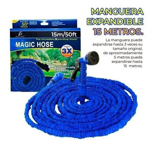 Manguera Expandible Flexible 15 Metros Con Aspersor Jardin Color Azul