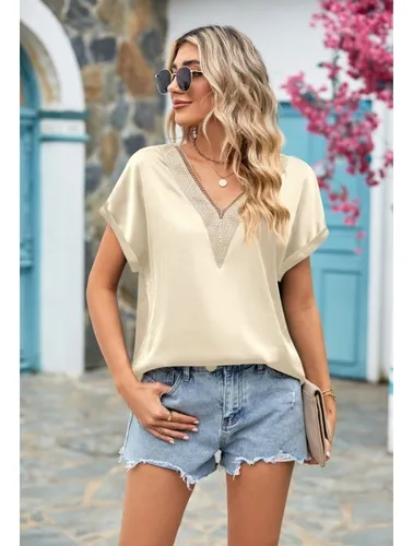 Elegante Camiseta De Satén Con Cuello En V Y Manga Corta