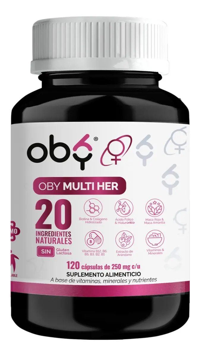 Multivitaminico Mujer 120 Capsulas + 20 Ingredientes: Colageno, Biotina, Vitamina B12, B3, B1, Vitamina C, E1000, K, Zinc, Acido Folico, Hialuronico, Maca, Calcio | Vitaminas Mujer | Oby Multi Her