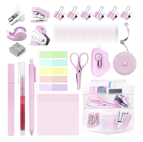 Mini Kit De Suministros Escolares Rosa Con Grapadora Y Cinta