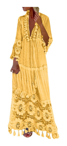 O9 Vestido Mujer Bohemio Talla Grande Escote En V Color Sóli