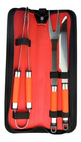 Kit Jogo Churrasco 3 Peças Garfo Faca Pegador Inox Estojo