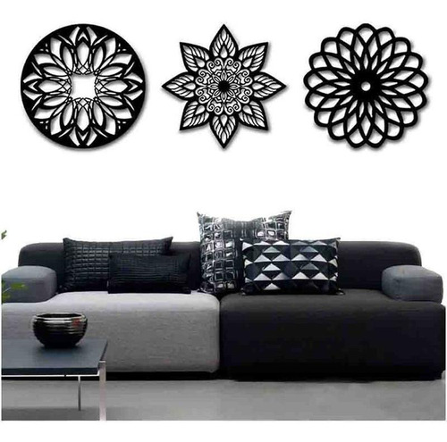 Kit 3 Mandalas Decorativas Mdf 60x60 Vazado Preto Modelo 1